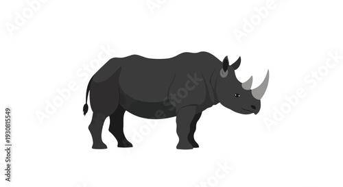 A stylized illustration of a black rhinoceros standing proudly against a clean white background, showcasing its formidable horns and sturdy build