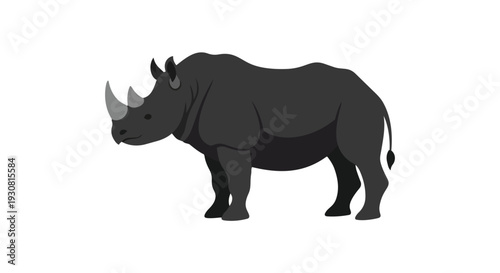 A stylized depiction of a powerful rhinoceros with distinct horns, standing stoically against a plain background, conveying strength and presence