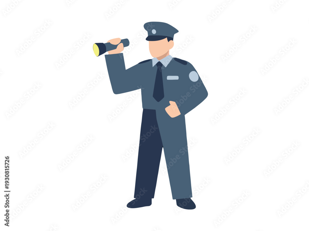 Obraz premium Cartoon police officer with flashlight standing on white background in uniform