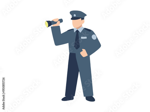 Cartoon police officer with flashlight standing on white background in uniform