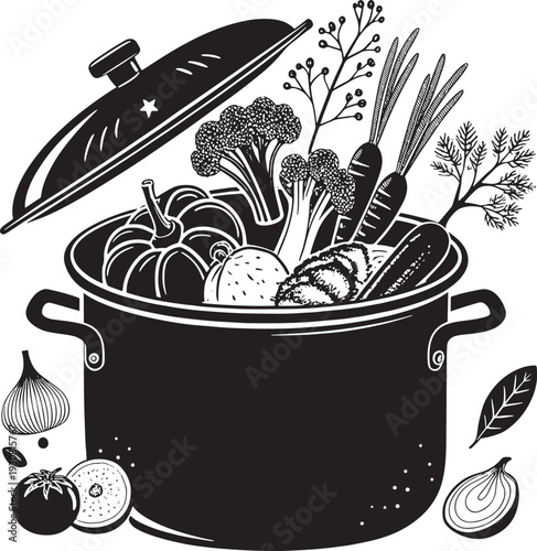 Black and white of a pot overflowing with fresh vegetables and herbs cooking broccoli