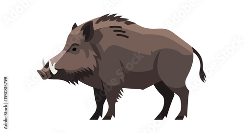 A stylized illustration of a wild boar standing in profile, showcasing its tusks and coarse fur, on a clean white background