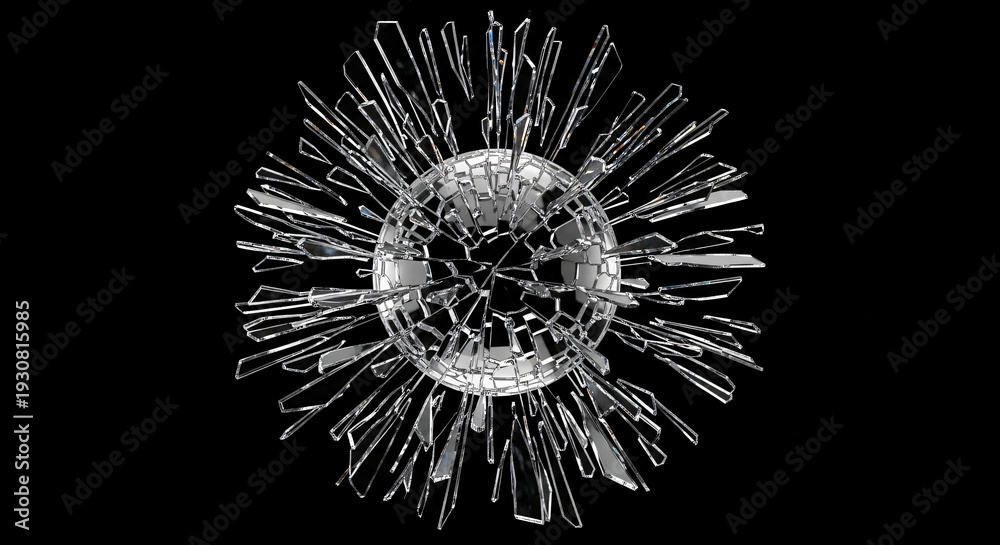 Fototapeta premium Shattered glass sphere exploding on black background, flying sharp fragments depicting destruction and challenge