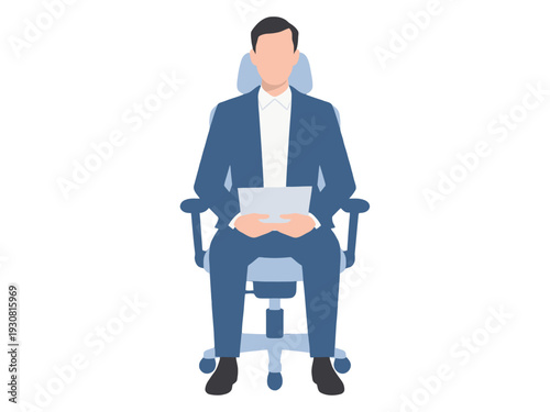 Businessman sitting on office chair with laptop on lap in blue suit