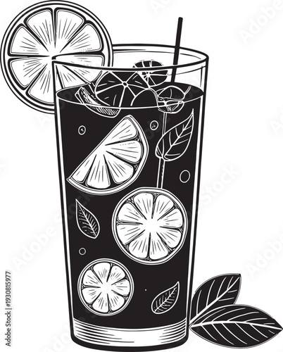 Black and white of a tall glass filled with iced drink and citrus slices beverage