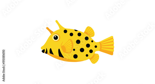 Vibrant Yellow Boxfish with Black Spots Illustration, A Whimsical Aquatic Creature Depicting Ocean Life and Marine Biodiversity, Unique Cartoon Style