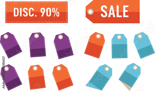 Discount Sale Tag Collection with 90 Percent Off Label, Promotional Price Stickers, and Colorful Retail Marketing Badge Vector Set