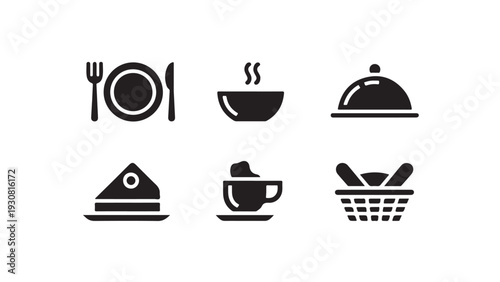 Six black food and drink on white background collection