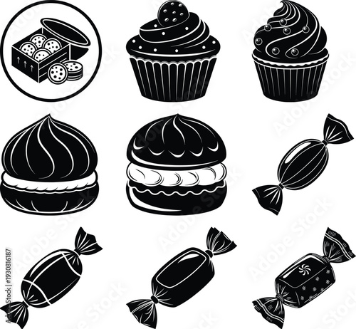 Black and white of assorted sweets and candies cookies cupcakes macarons