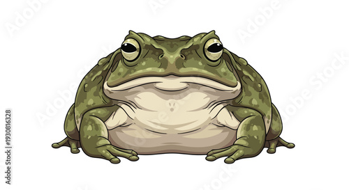 A meticulously illustrated, front-facing depiction of a plump, green toad with detailed skin texture and large, expressive eyes, set against a clean