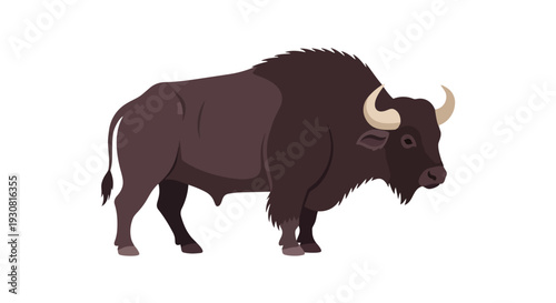 Illustrative depiction of a solitary bison with impressive horns standing against a clean white backdrop, a symbol of wild North American prairies