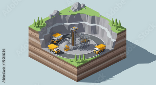 Isometric view of a quarry with dump trucks and excavator.