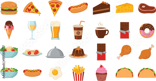 Fast Food and Restaurant Icon Set with Burger, Pizza, Hot Dog, Dessert, Drinks, and Snack Menu Vector Illustration Collection
