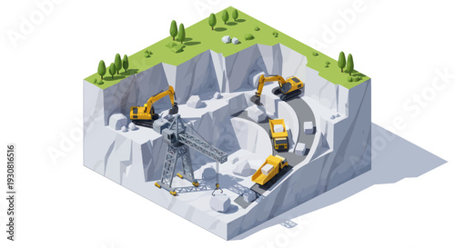 Isometric view of a quarry with heavy machinery and mining operations.