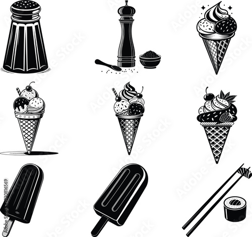 Black and white of ice cream cones popsicles and sushi chopsticks salt shaker