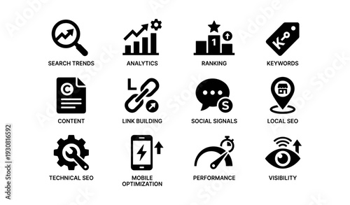 Seo and digital marketing icons set: trends, analytics, and optimization