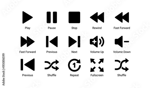 Multimedia control icons: play, pause, stop, rewind, forward, volume, shuffle, repeat