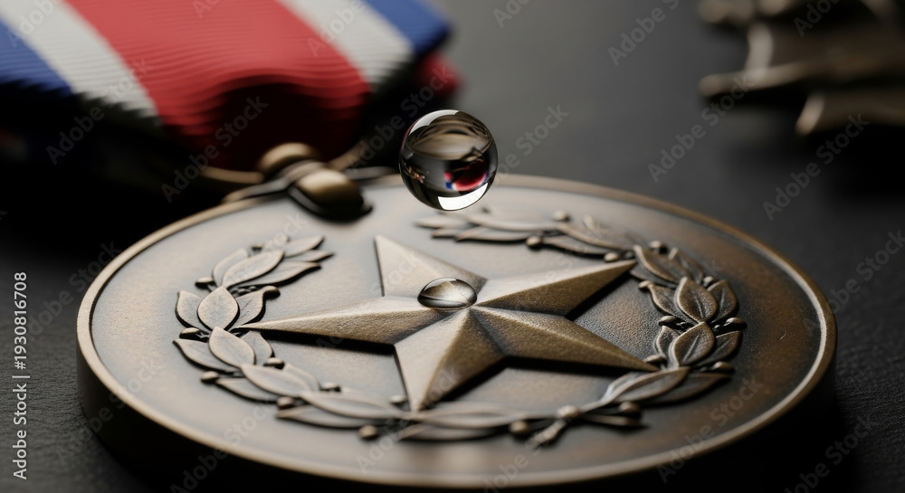 Fototapeta premium A Tear Falls on a War Medal, Symbolizing Sacrifice