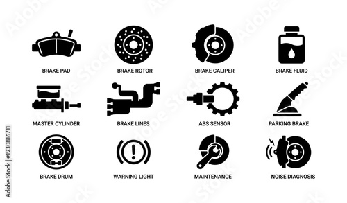 Automotive brake system components icons: pad, rotor, caliper, fluid, cylinder, sensor, drum