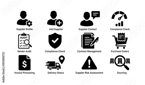 Supplier management icons: compliance, audit, procurement, metrics, contracts, assessment