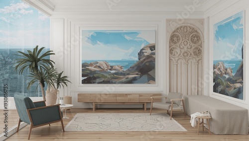 Modern Living Room With Ocean Views and Artistic Wall Decorations in Bright D...