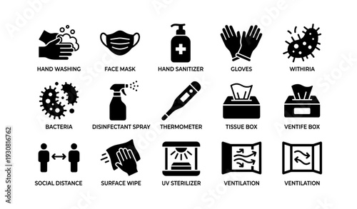 Healthcare safety icons: hygiene, ppe, sanitation, and ventilation symbols