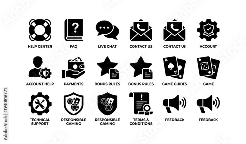 Customer support icons: help center, faq, live chat, contact, technical support