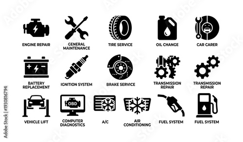 Automotive service icons: engine repair, tire service, oil change, transmission, diagnostics