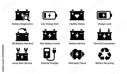 Battery services icons: diagnostics, installation, recycling, alert, connection