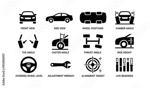 Car alignment diagram with front side views and measurement tools