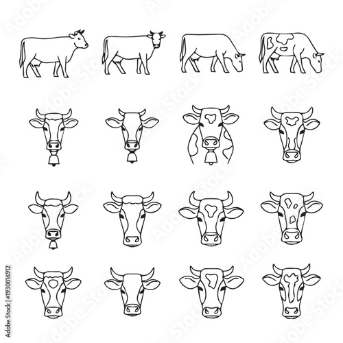 Collection of Cow Illustrations and Icons for Farming and Livestock Themes