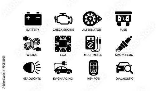 Car icons: battery, engine, alternator, fuse, wiring, ecu, multimeter, spark plug