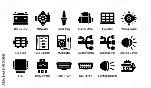 Automotive components icons: car battery, alternator, spark plug, fuse box, obd-ii port
