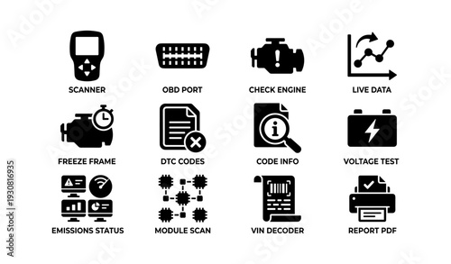 Automotive diagnostic icons: scanner, obd port, check engine, live data, voltage test