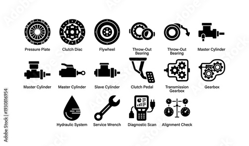 Automotive component icons: clutch, cylinder, gearbox, wrench, hydraulic