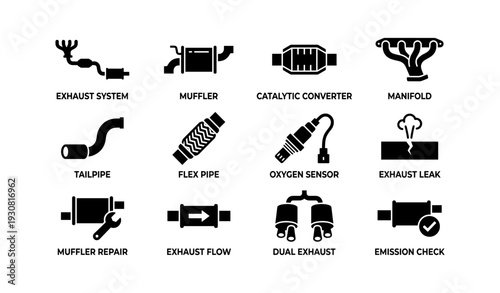 Car exhaust system components: muffler, converter, manifold, tailpipe, sensor icons