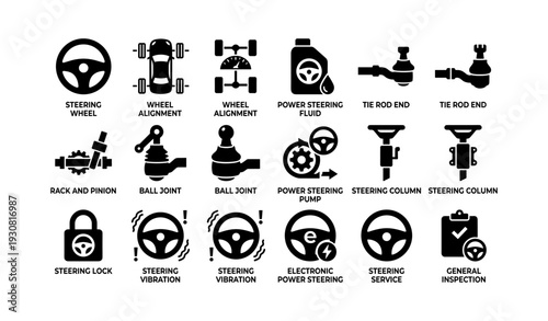 Car steering system components icons: fluid, pump, tie rods, vibration, service