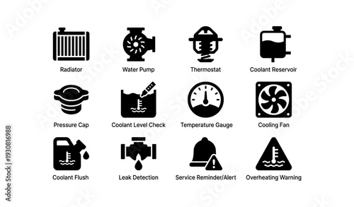 Car cooling system icons: radiator, thermostat, cooling fan, coolant reservoir - maintenance and warnings