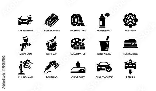 Car painting process icons: tools and steps for automotive refinishing