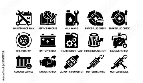 Car maintenance icons: service, fluid, battery, tire, engine, filter, exhaust tools