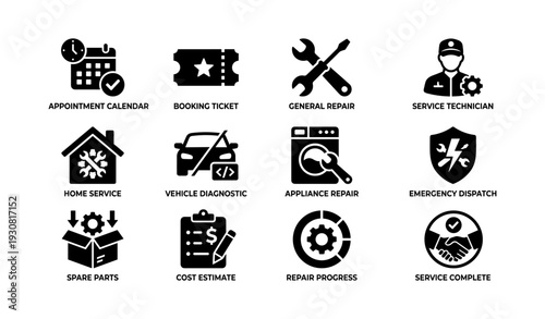 Service icons set: appointment, booking, repair, technician, spare parts