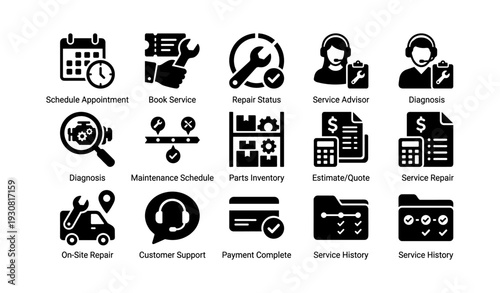 Automotive service icons set: schedule, repair, diagnosis, maintenance, support