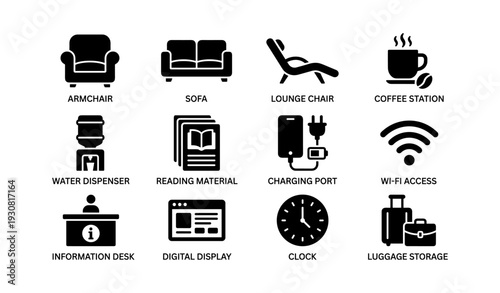Black icons of lounge amenities including armchair, sofa, lounge chair, coffee station, and more