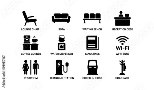 Essential office icons: lounge chair, sofa, waiting bench, restroom, wi-fi zone