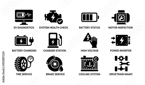 Electric vehicle maintenance and diagnostics icons for battery, motor, and drivetrain systems