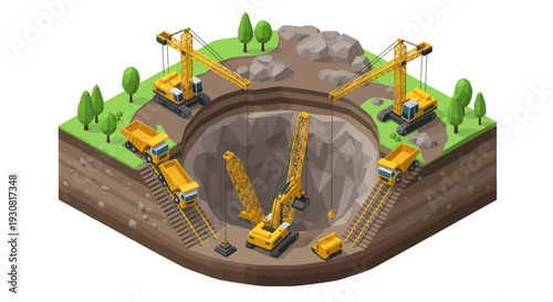 Isometric view of an open-pit mine with heavy machinery.