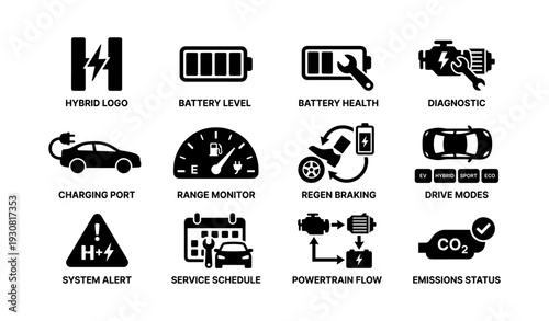 Electric vehicle dashboard icons set: battery, diagnostics, charging, modes