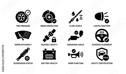 Car maintenance icons: safety, inspection, emissions, certification