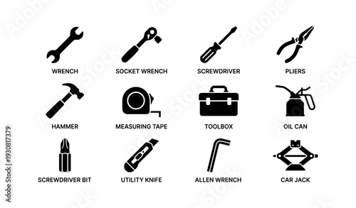 Black silhouette icons of various hand tools for repair and maintenance