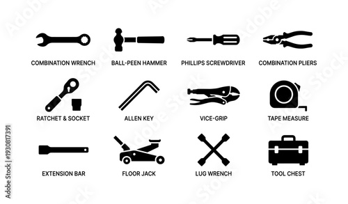 Essential hand tools collection: wrench, hammer, screwdriver, pliers, and more